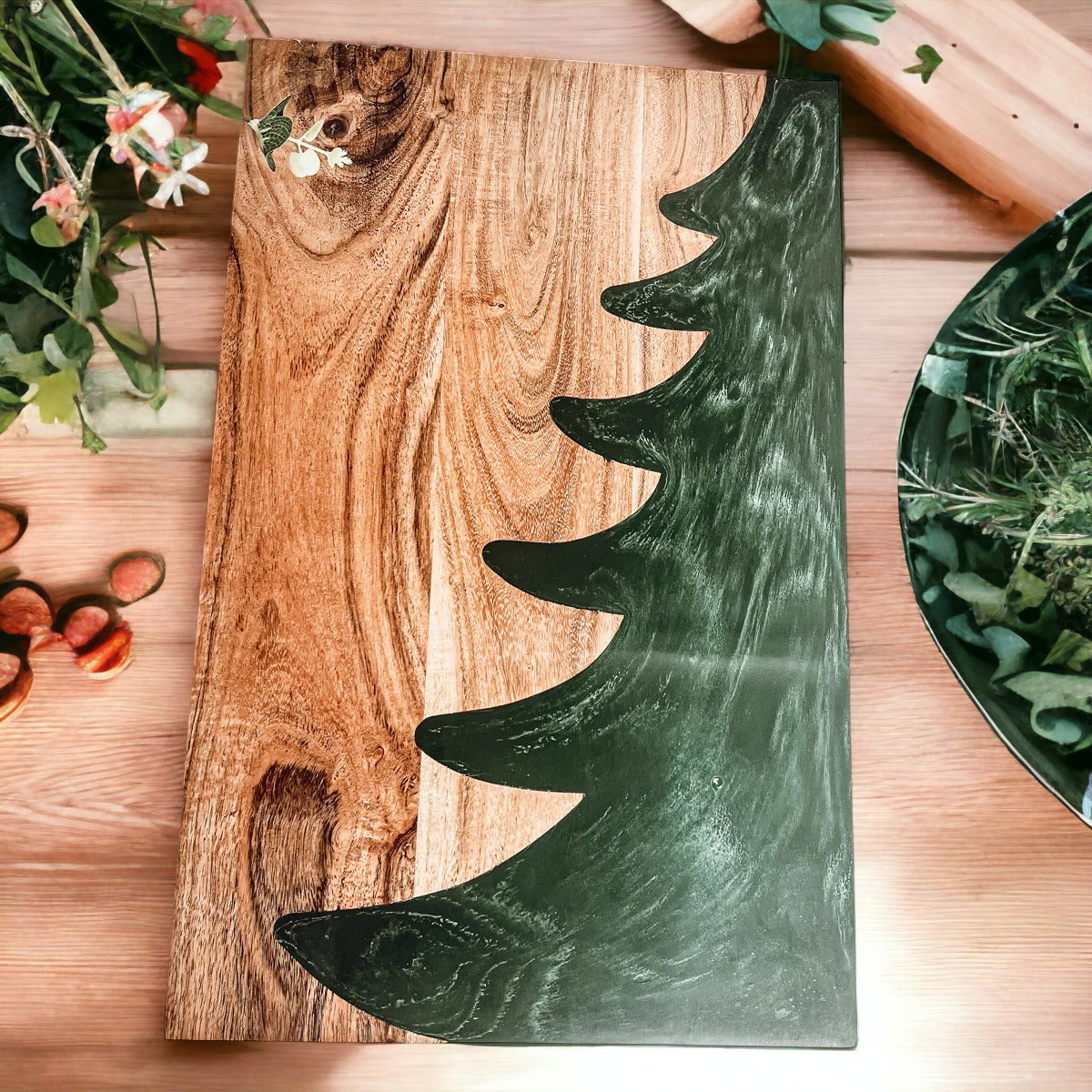 Hand-crafted Christmas Serving Board with marbled tree inlay, made from Acacia wood and resin, perfect for holiday gatherings.