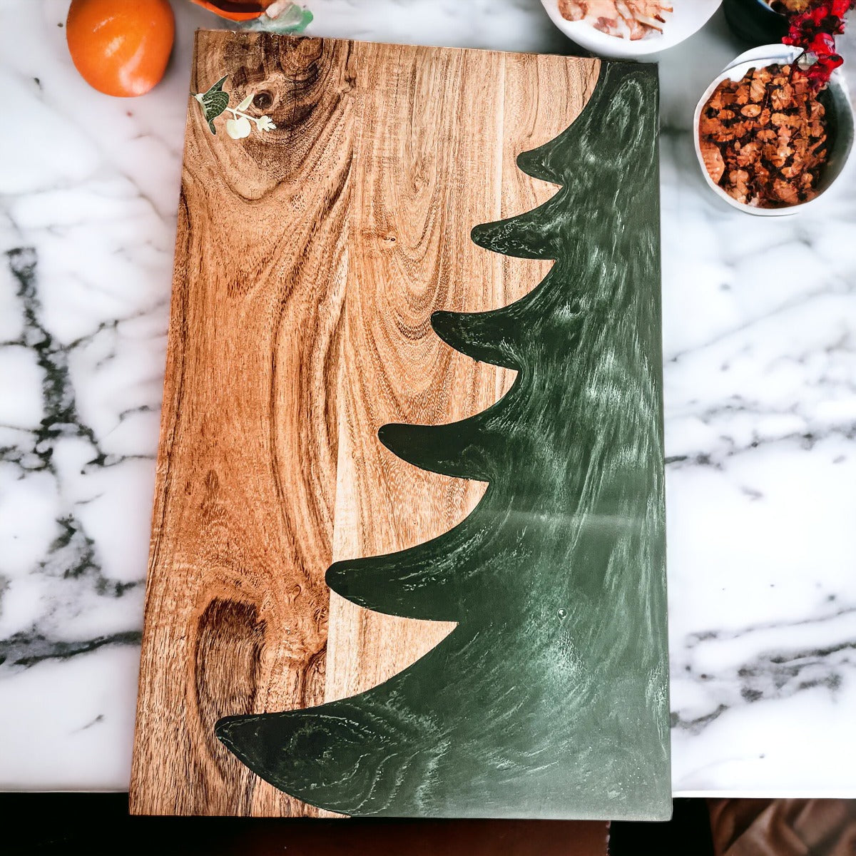 Hand-crafted Christmas Serving Board with marbled tree inlay, made from Acacia wood and resin, perfect for holiday gatherings.