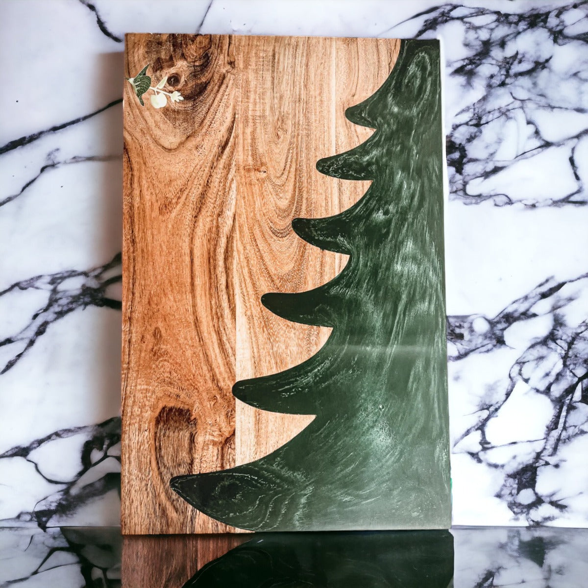 Hand-crafted Christmas Serving Board with marbled tree inlay, made from Acacia wood and resin, perfect for holiday gatherings.