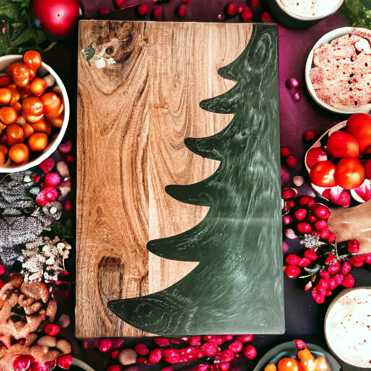 Hand-crafted Christmas Serving Board with marbled tree inlay, made from Acacia wood and resin, perfect for holiday gatherings.