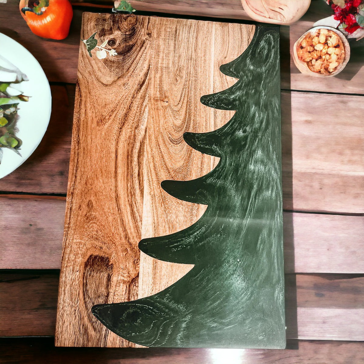 Hand-crafted Christmas Serving Board with marbled tree inlay, made from Acacia wood and resin, perfect for holiday gatherings.