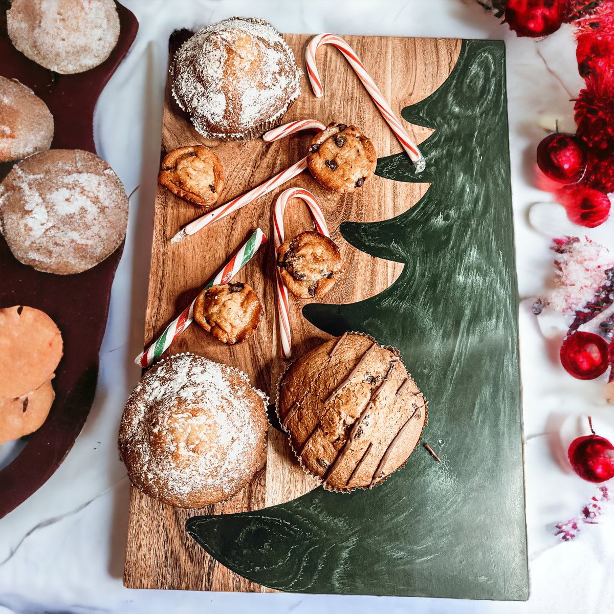 Hand-crafted Christmas Serving Board with marbled tree inlay, made from Acacia wood and resin, perfect for holiday gatherings.