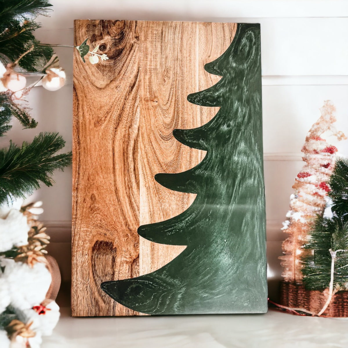 Hand-crafted Christmas Serving Board with marbled tree inlay, made from Acacia wood and resin, perfect for holiday gatherings.