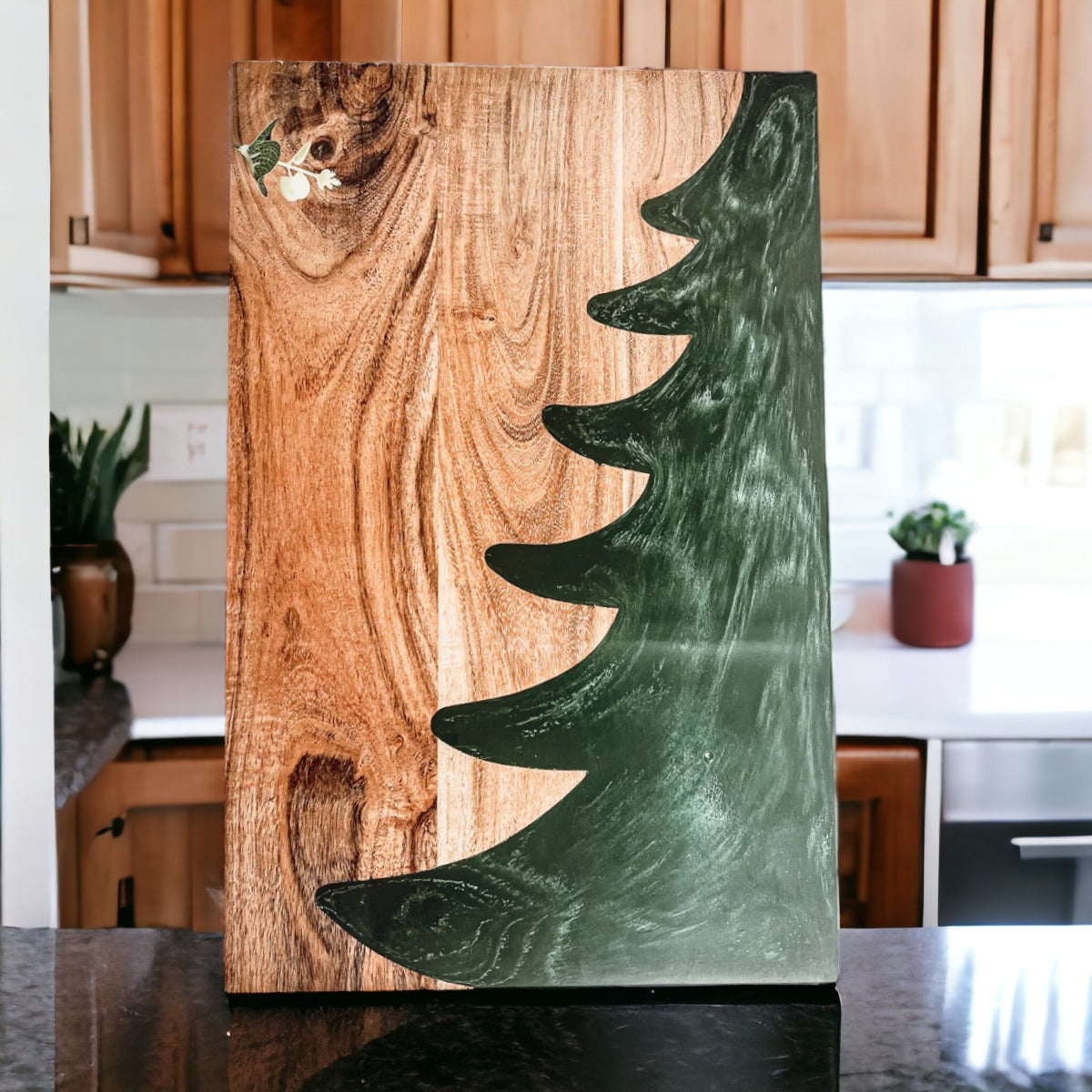 Hand-crafted Christmas Serving Board with marbled tree inlay, made from Acacia wood and resin, perfect for holiday gatherings.