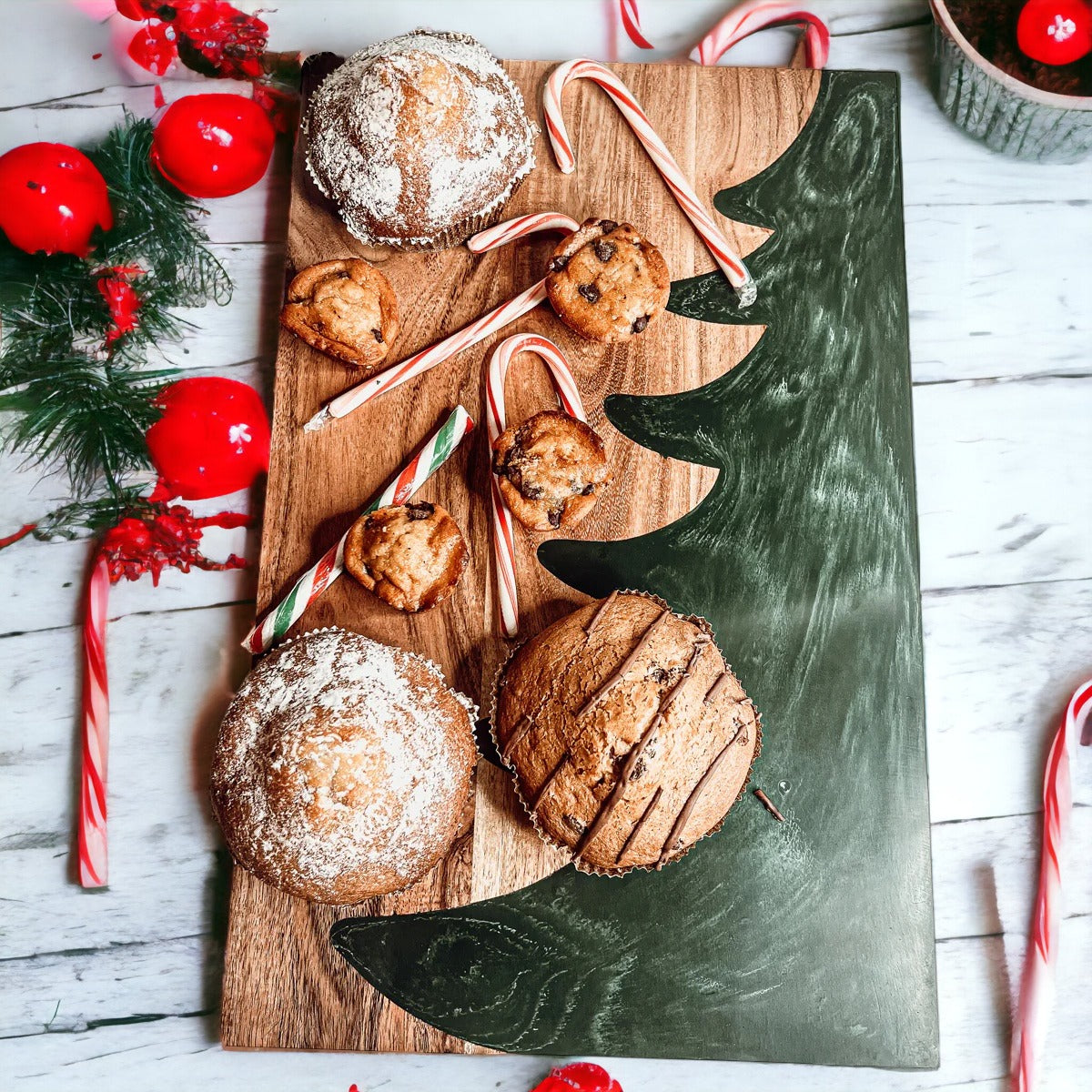 Hand-crafted Christmas Serving Board with marbled tree inlay, made from Acacia wood and resin, perfect for holiday gatherings.