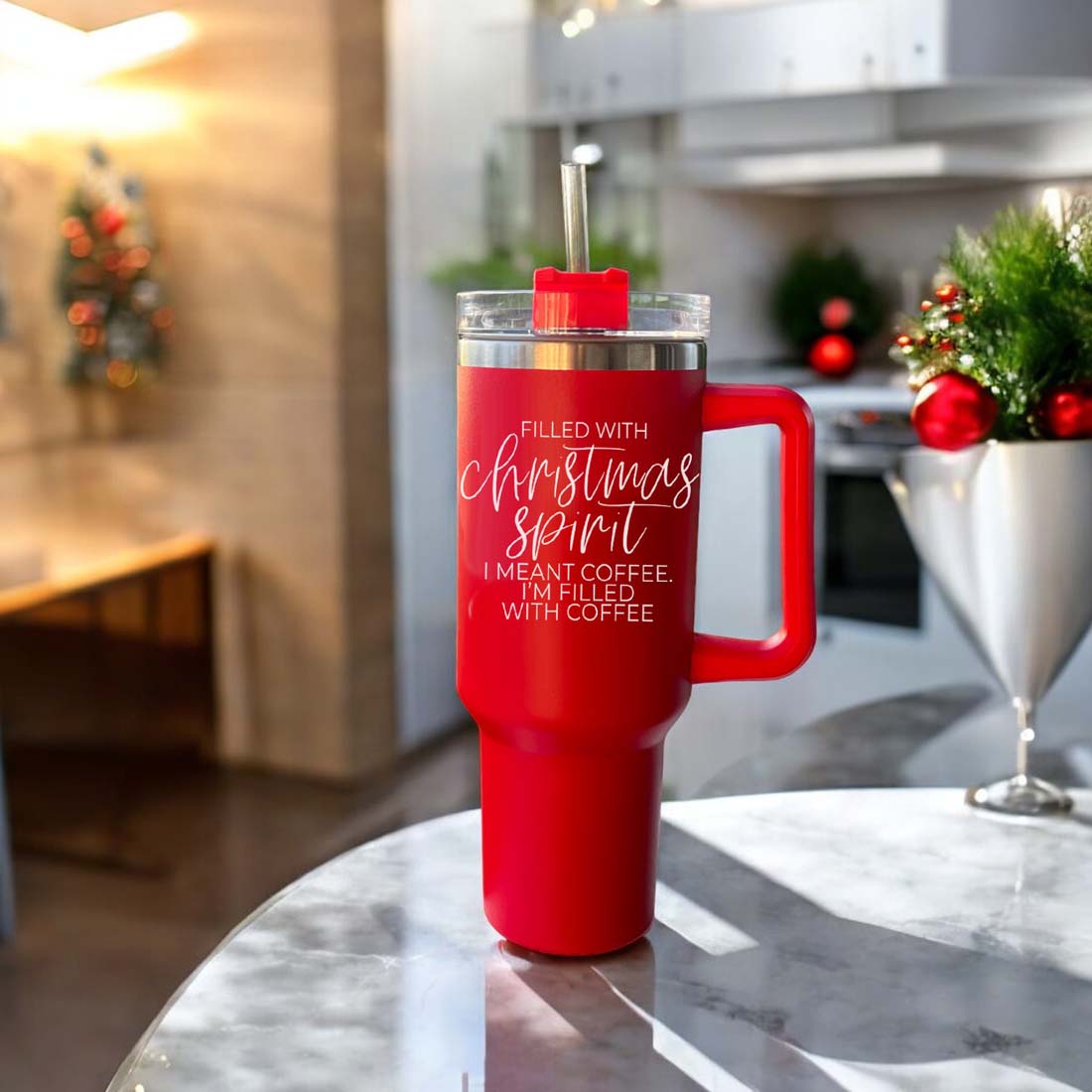 A vibrant red insulated mug with a humorous holiday quote, featuring a matte finish and a versatile 3-in-1 lid.