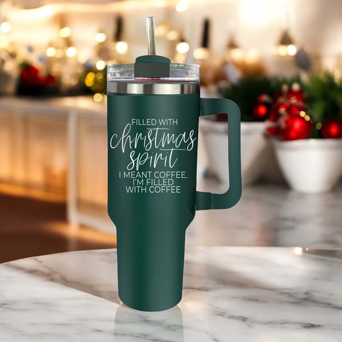 A vibrant red insulated mug with a humorous holiday quote, featuring a matte finish and a versatile 3-in-1 lid.