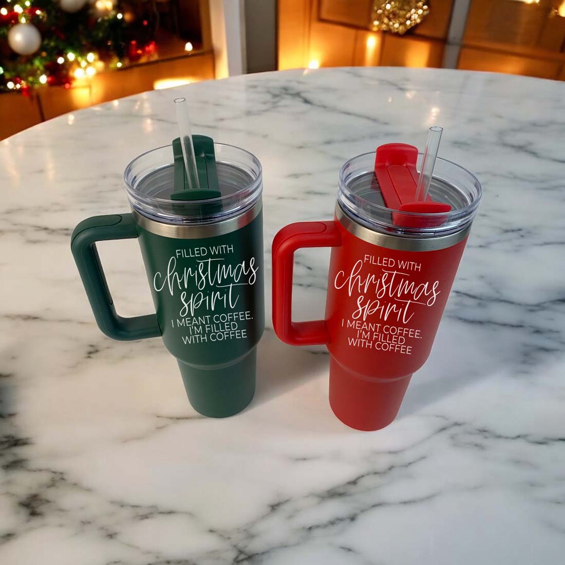 A vibrant red insulated mug with a humorous holiday quote, featuring a matte finish and a versatile 3-in-1 lid.