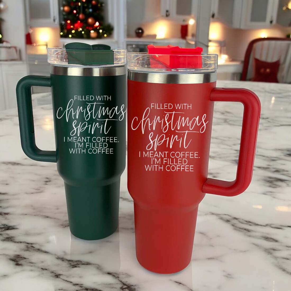 A vibrant red insulated mug with a humorous holiday quote, featuring a matte finish and a versatile 3-in-1 lid.