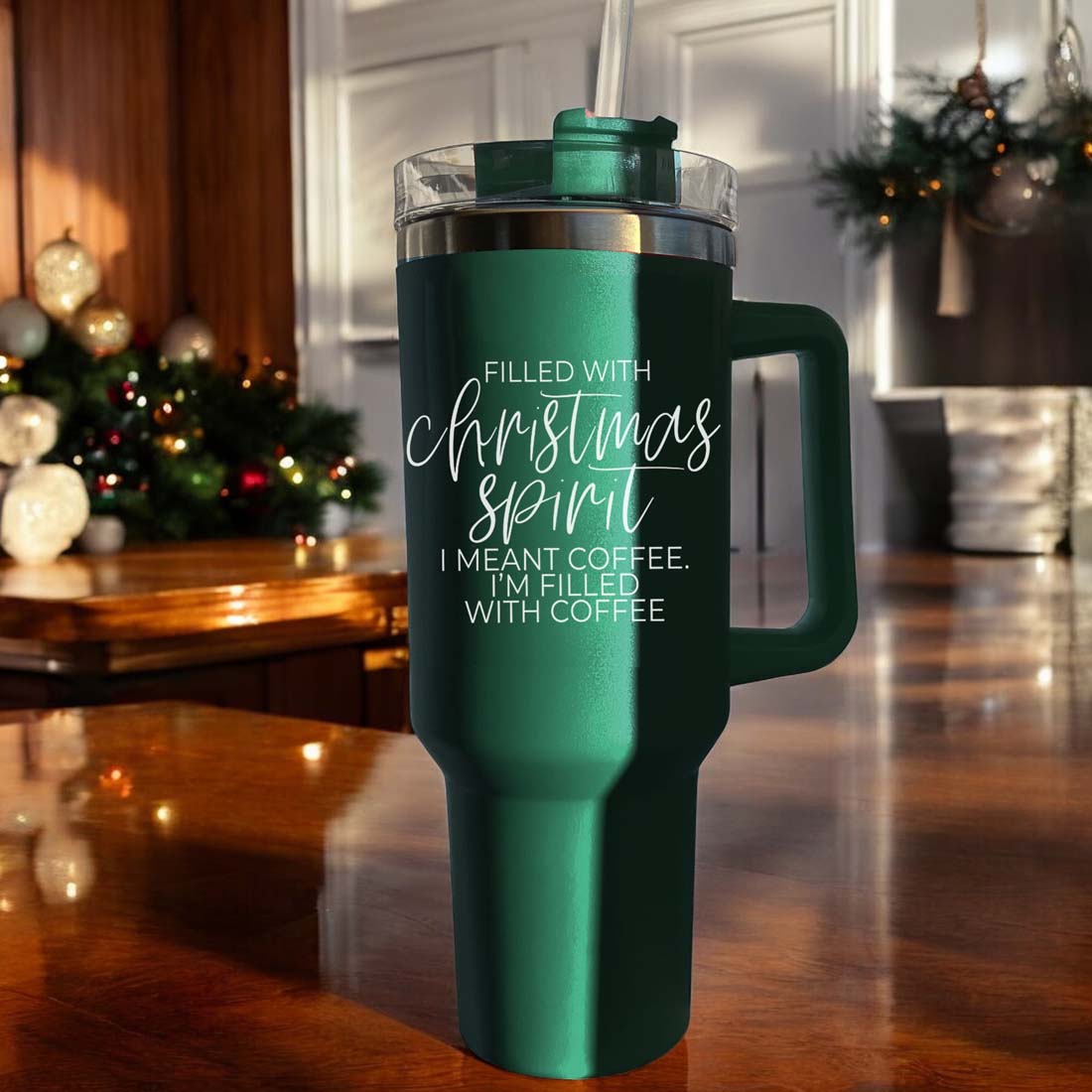 A vibrant red insulated mug with a humorous holiday quote, featuring a matte finish and a versatile 3-in-1 lid.