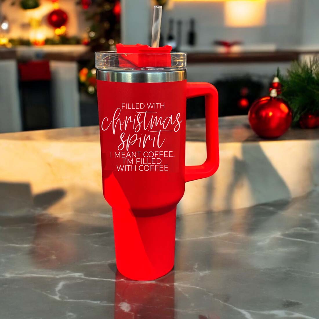 A vibrant red insulated mug with a humorous holiday quote, featuring a matte finish and a versatile 3-in-1 lid.