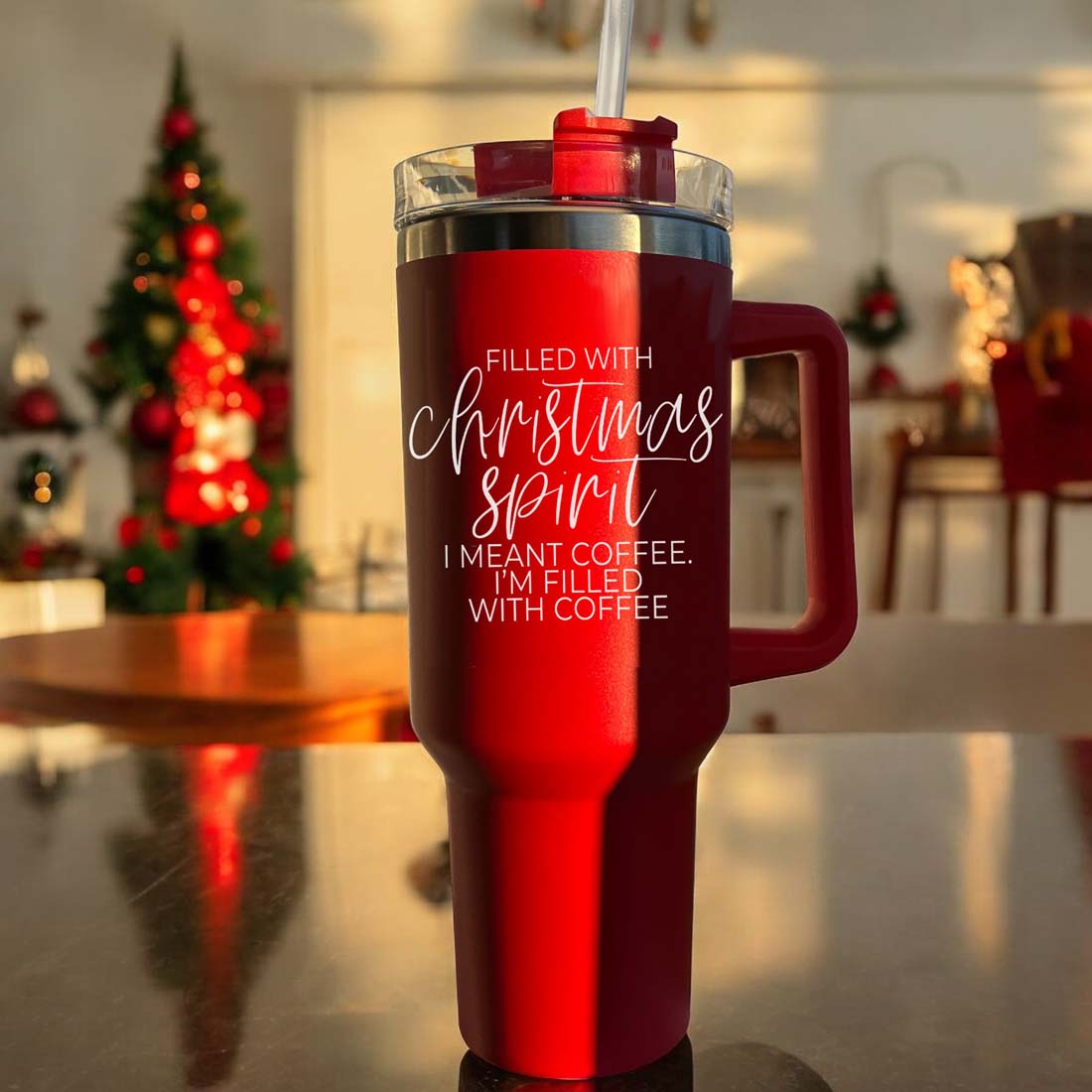 A vibrant red insulated mug with a humorous holiday quote, featuring a matte finish and a versatile 3-in-1 lid.