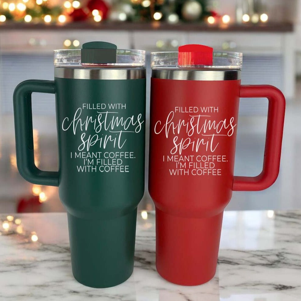 A vibrant red insulated mug with a humorous holiday quote, featuring a matte finish and a versatile 3-in-1 lid.