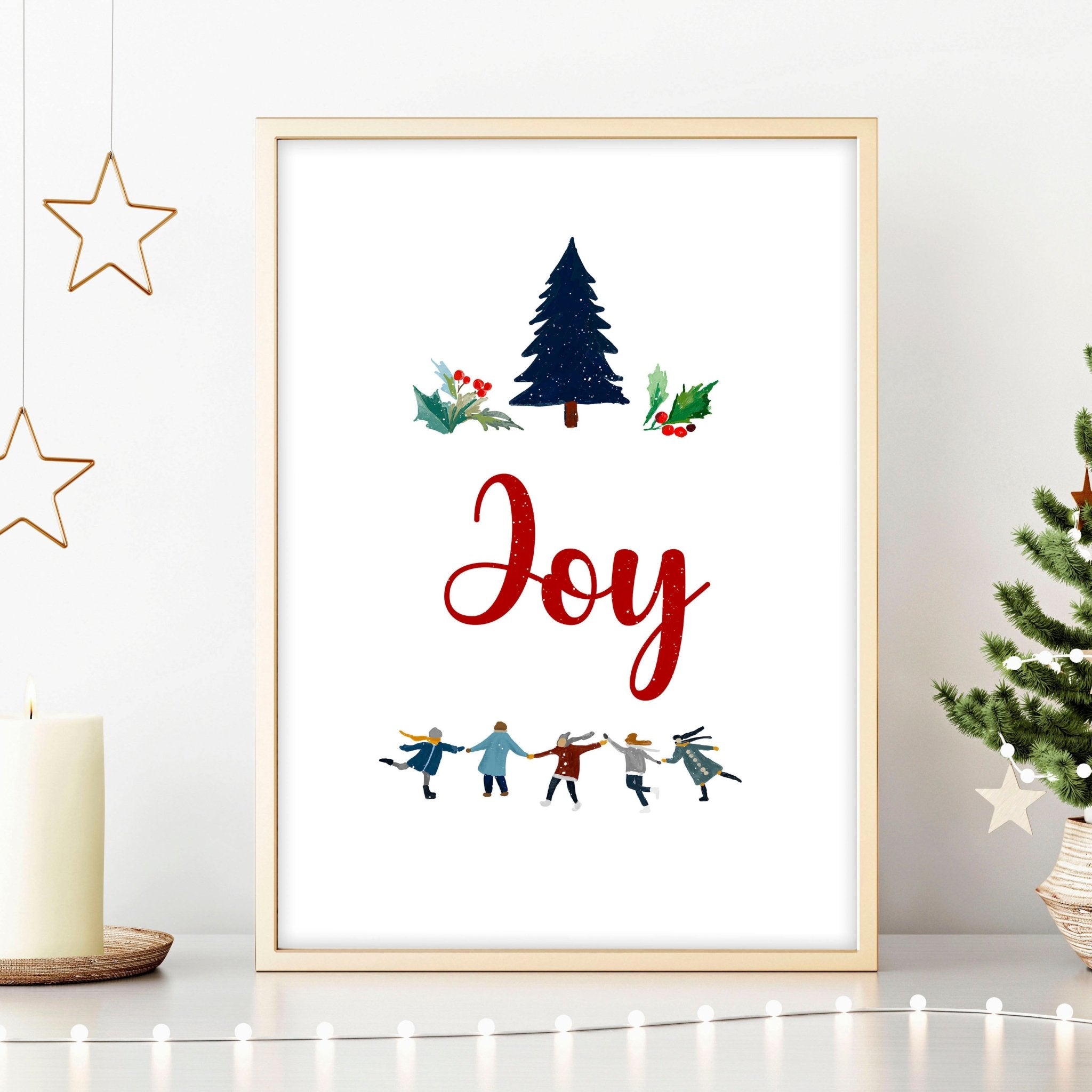 A vibrant Christmas wall art print featuring the word 'Joy' in festive font, surrounded by charming holiday elements, perfect for seasonal decor.