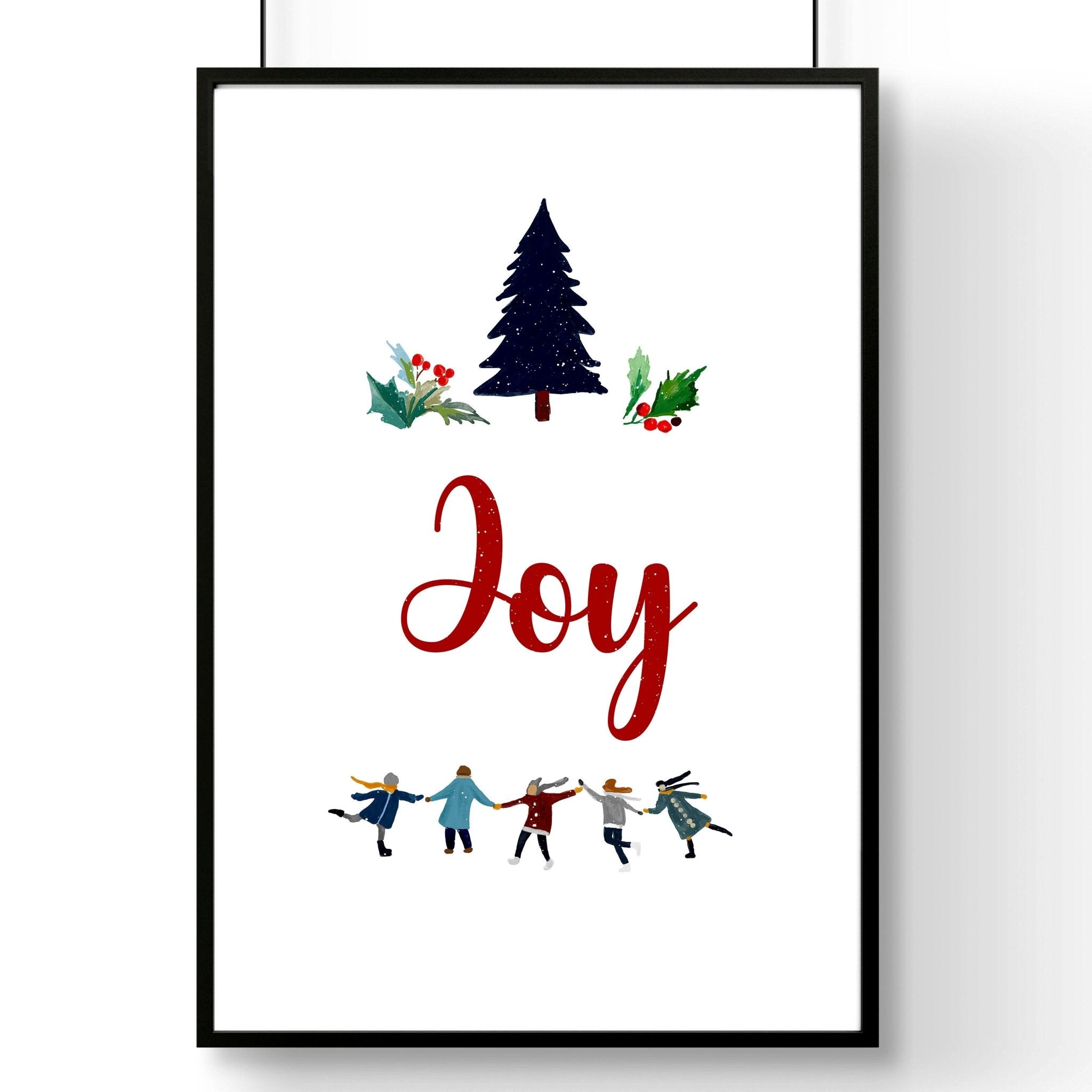 A vibrant Christmas wall art print featuring the word 'Joy' in festive font, surrounded by charming holiday elements, perfect for seasonal decor.