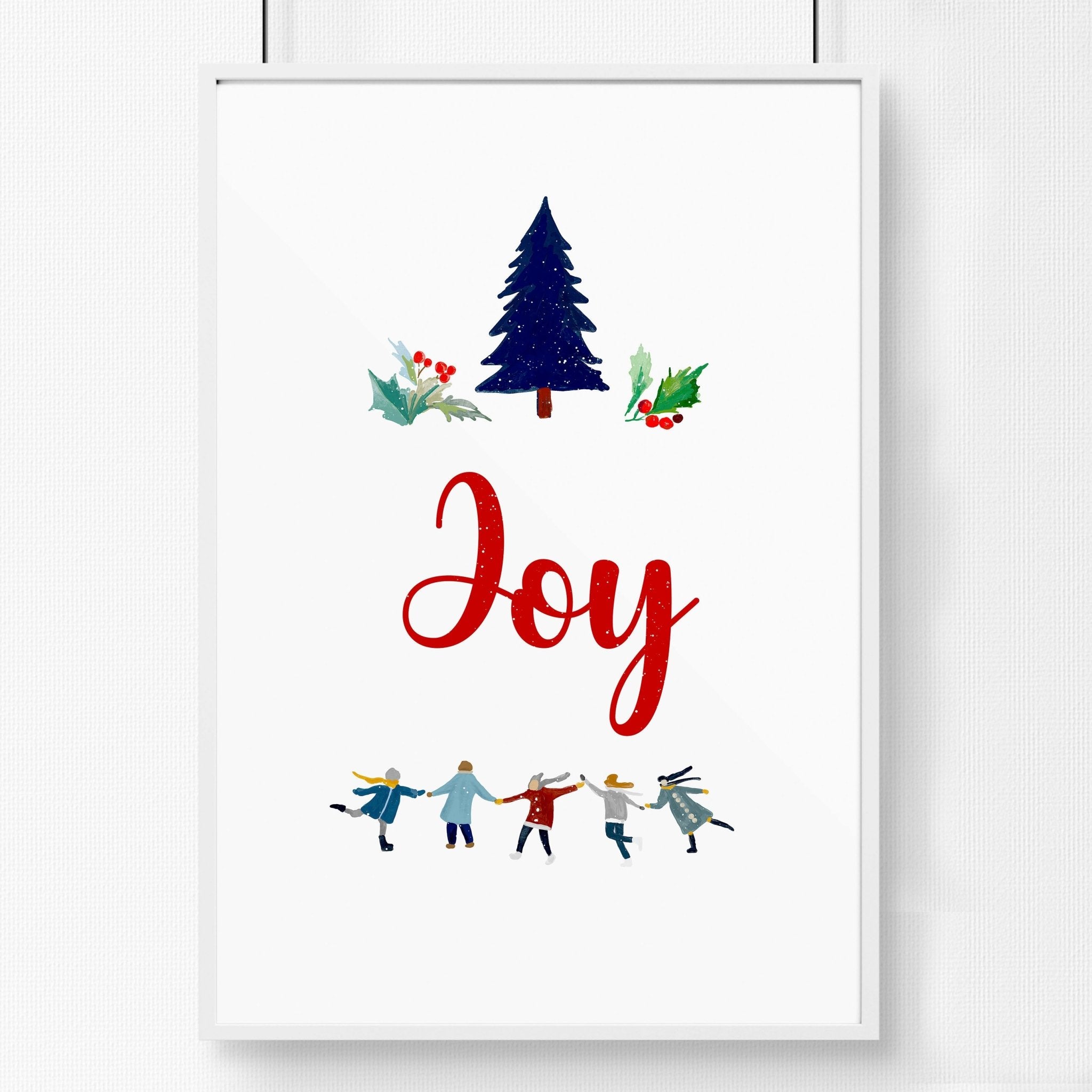 A vibrant Christmas wall art print featuring the word 'Joy' in festive font, surrounded by charming holiday elements, perfect for seasonal decor.