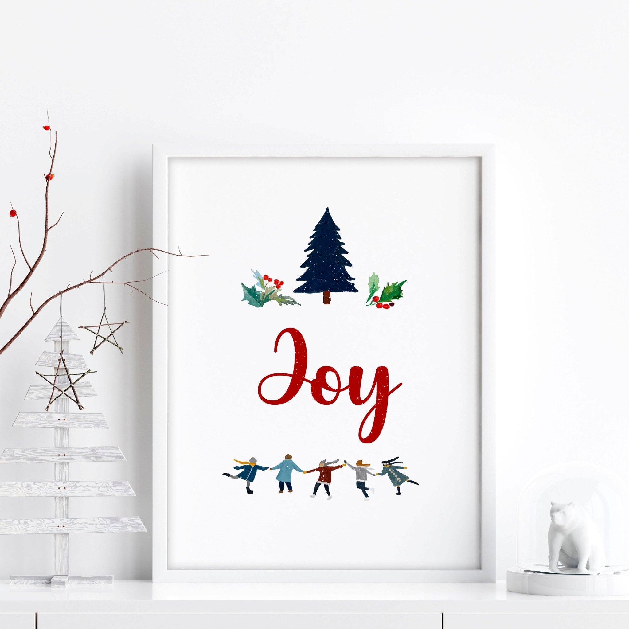 A vibrant Christmas wall art print featuring the word 'Joy' in festive font, surrounded by charming holiday elements, perfect for seasonal decor.