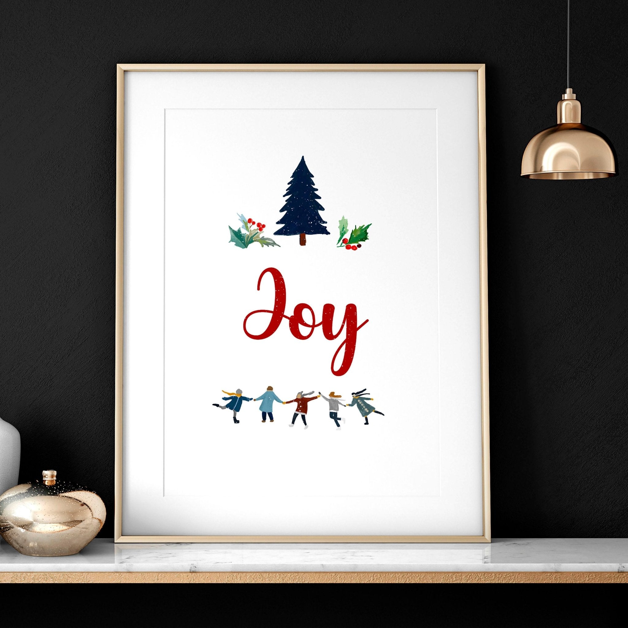 A vibrant Christmas wall art print featuring the word 'Joy' in festive font, surrounded by charming holiday elements, perfect for seasonal decor.