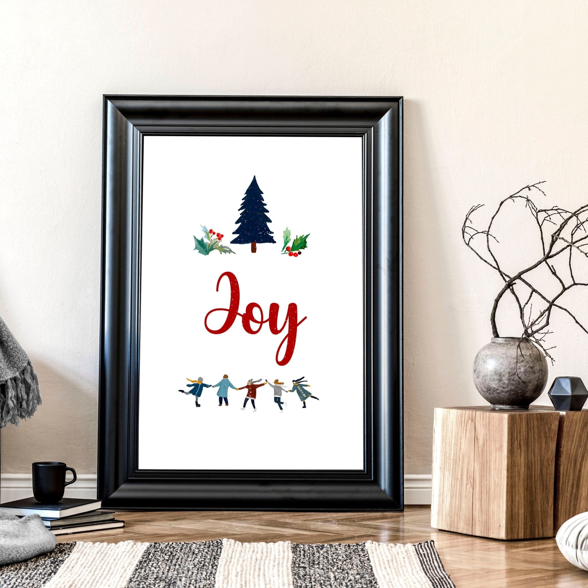 A vibrant Christmas wall art print featuring the word 'Joy' in festive font, surrounded by charming holiday elements, perfect for seasonal decor.