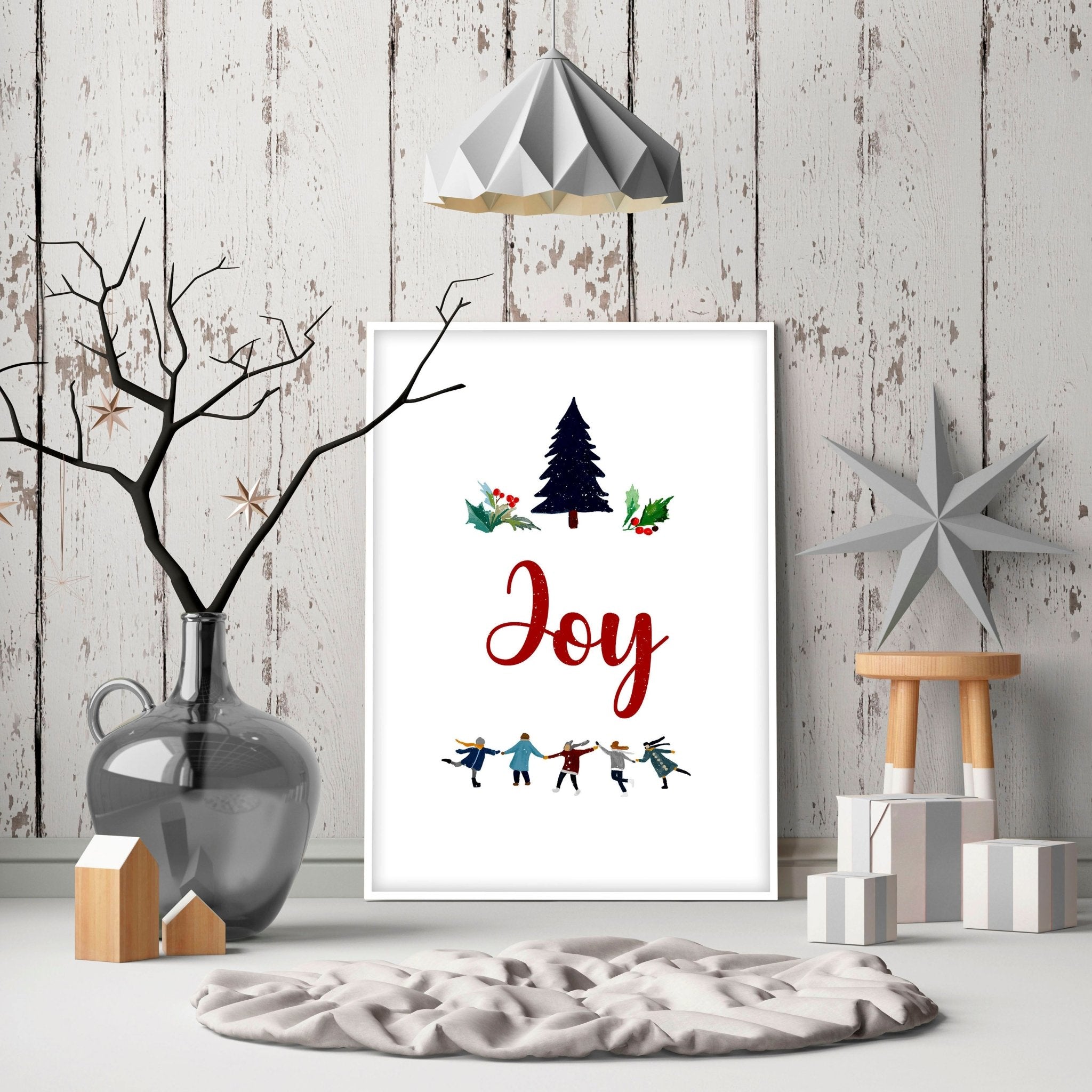 A vibrant Christmas wall art print featuring the word 'Joy' in festive font, surrounded by charming holiday elements, perfect for seasonal decor.