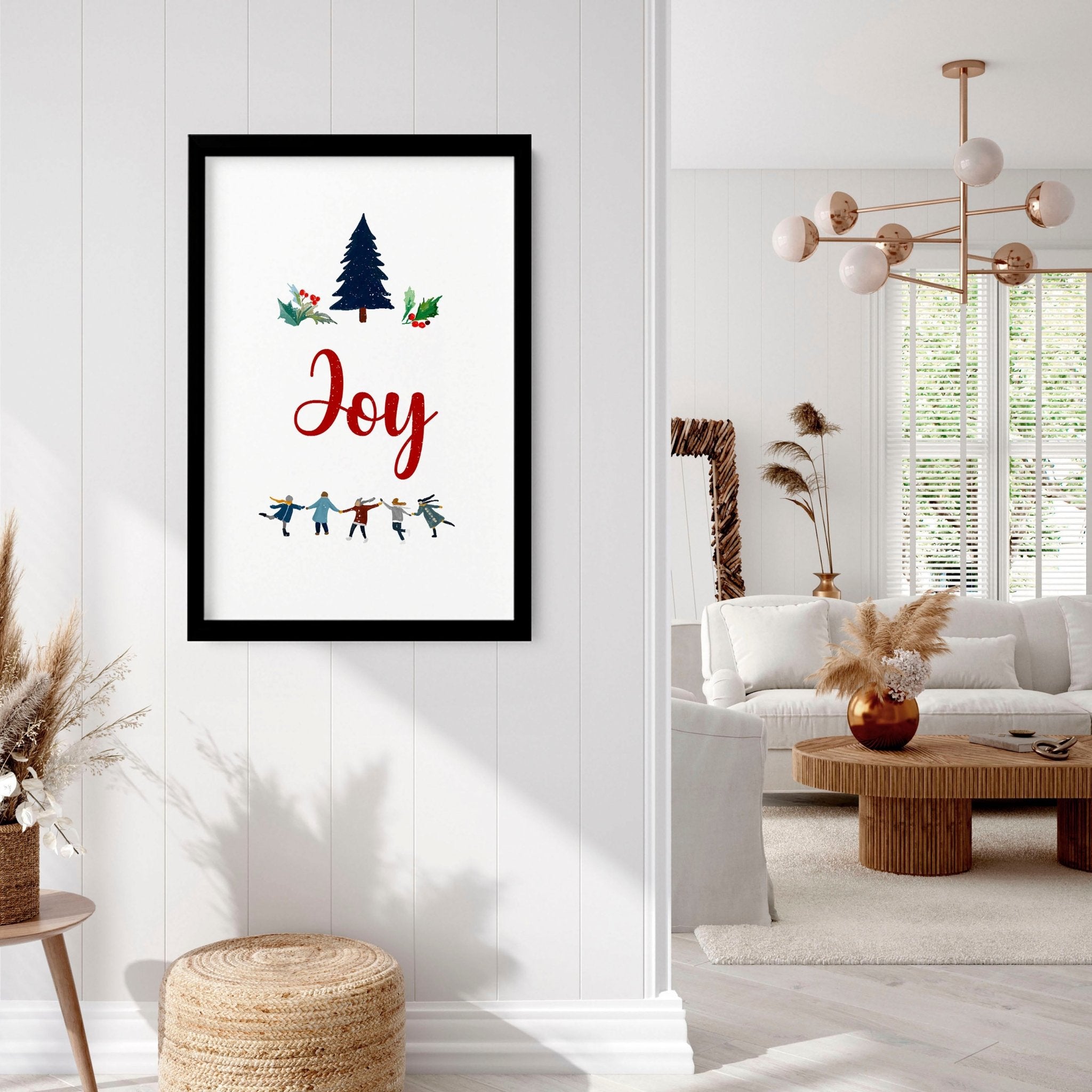 A vibrant Christmas wall art print featuring the word 'Joy' in festive font, surrounded by charming holiday elements, perfect for seasonal decor.