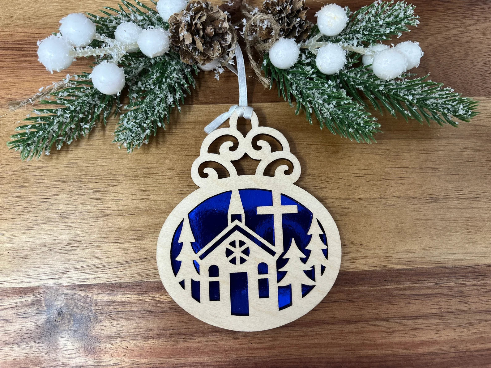 A beautifully crafted Church Bulb ornament made from premium Baltic Birch wood, showcasing intricate laser-cut designs.