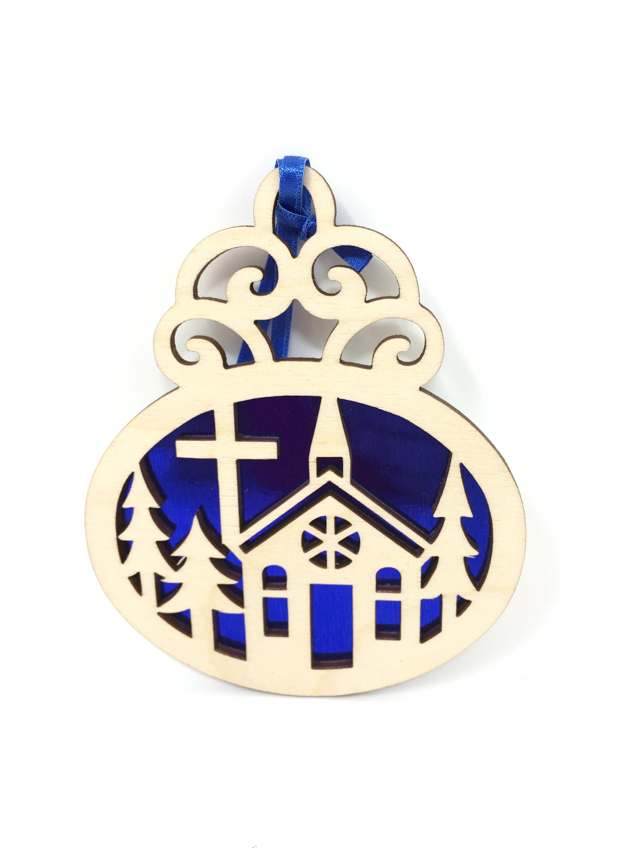 A beautifully crafted Church Bulb ornament made from premium Baltic Birch wood, showcasing intricate laser-cut designs.