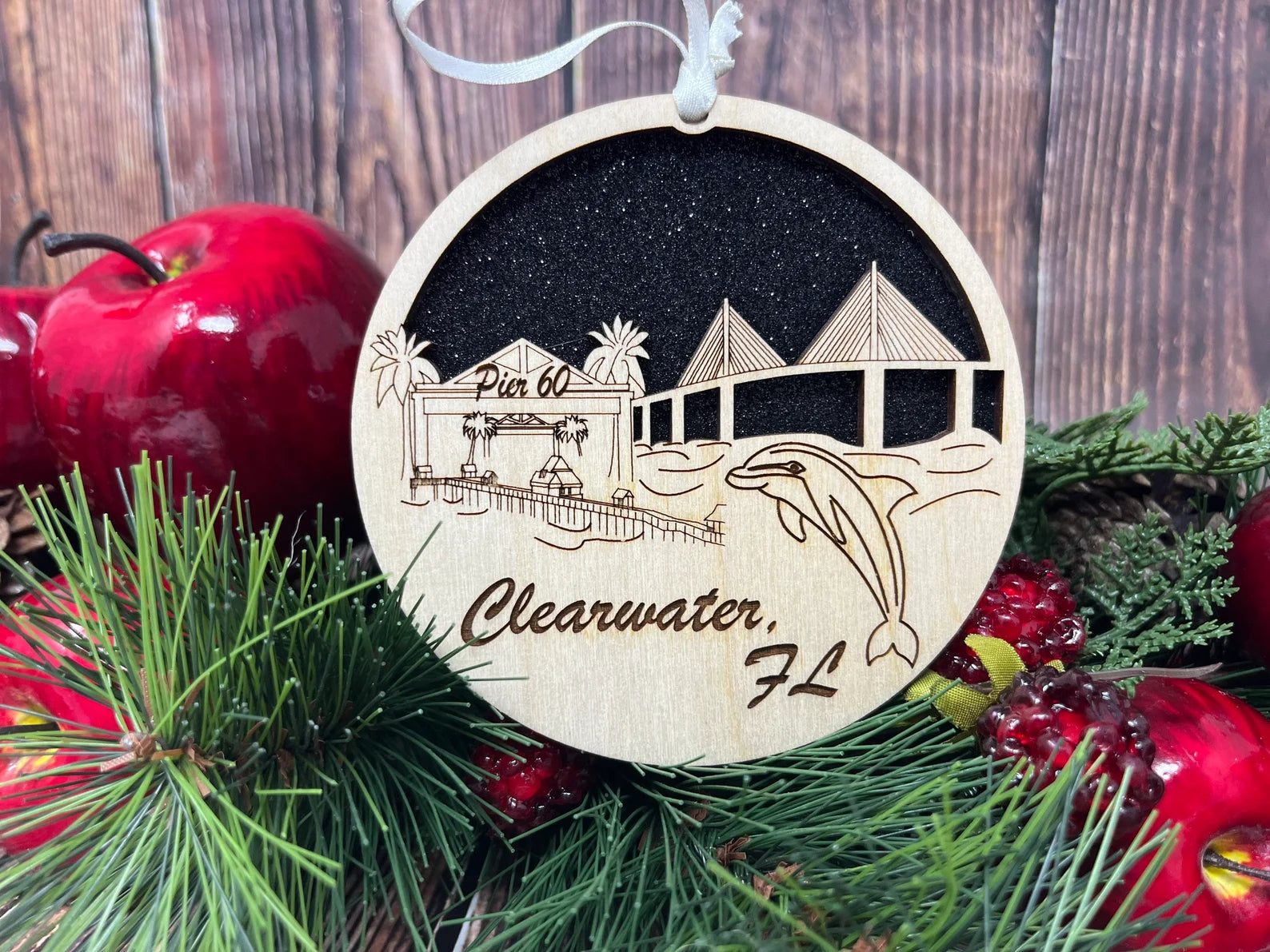 Clearwater Florida skyline ornament made from premium Baltic birch wood, showcasing intricate skyline design.