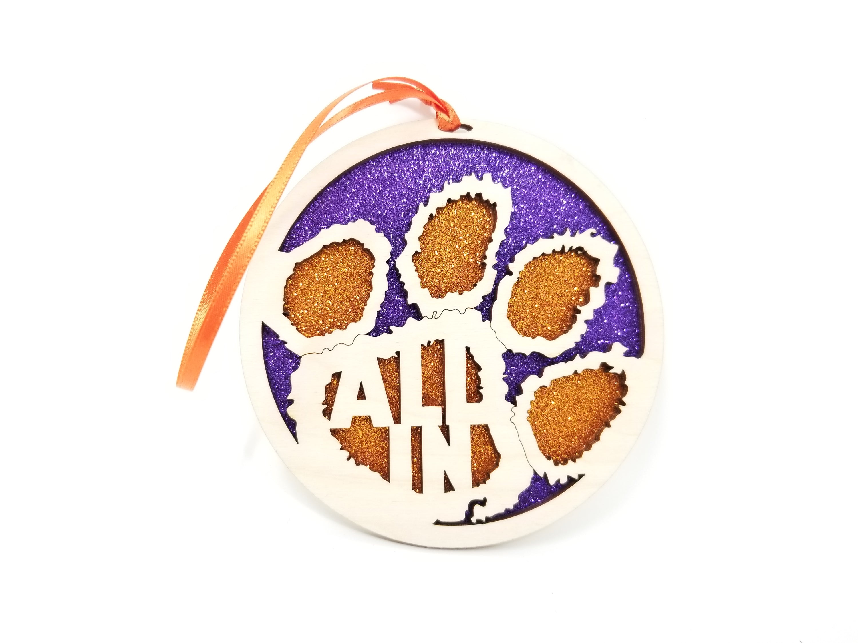 Handmade Clemson 'All In' ornament made from birch wood, measuring 4x4 inches, elegantly packaged in a cotton-filled box.