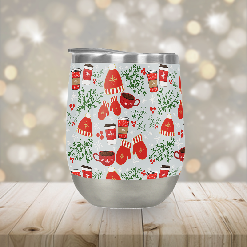 Coffee & Mittens Stemless Wine Tumbler in stainless steel with a vibrant design, perfect for outdoor use.