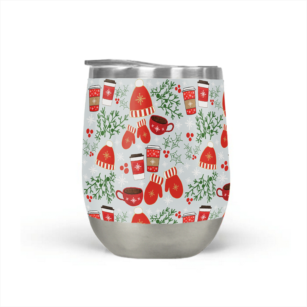 Coffee & Mittens Stemless Wine Tumbler in stainless steel with a vibrant design, perfect for outdoor use.