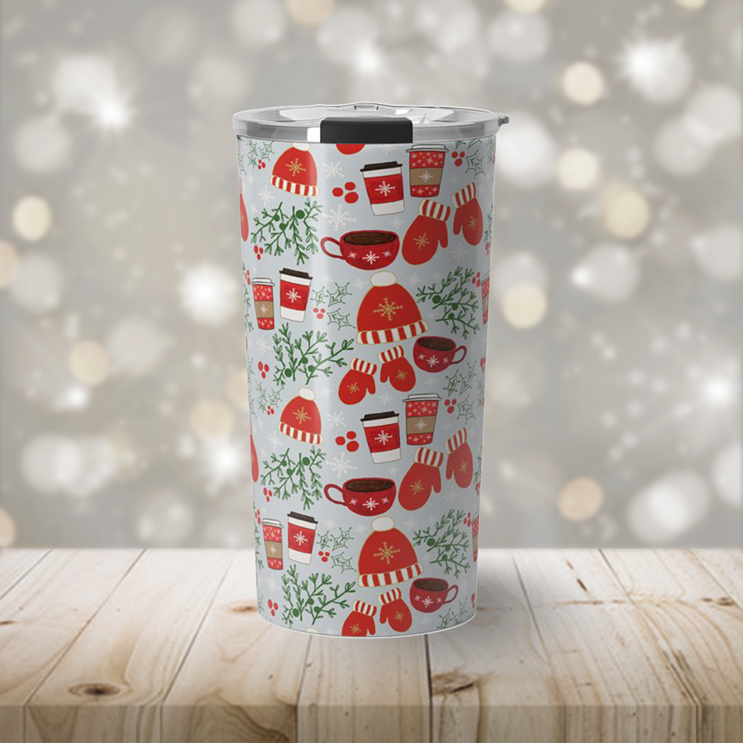 Coffee & Mittens Travel Coffee Mug in stainless steel with vibrant wraparound artwork, showcasing its stylish design and double-walled insulation.