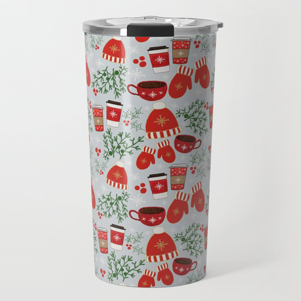 Coffee & Mittens Travel Coffee Mug in stainless steel with vibrant wraparound artwork, showcasing its stylish design and double-walled insulation.