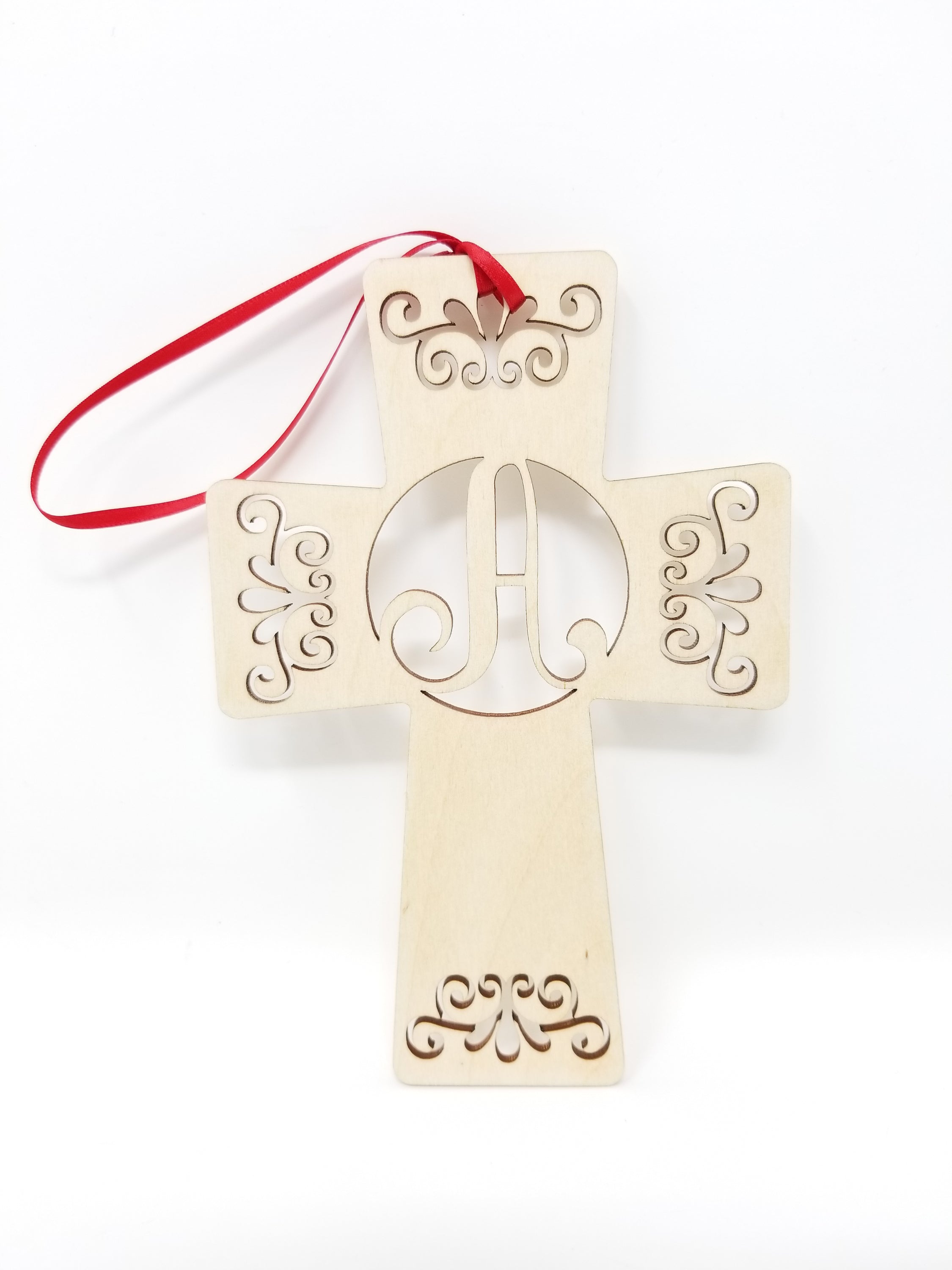 Handcrafted Cross Monogram Christmas ornament made from premium Baltic Birch wood, featuring customizable letters and a festive ribbon for hanging.