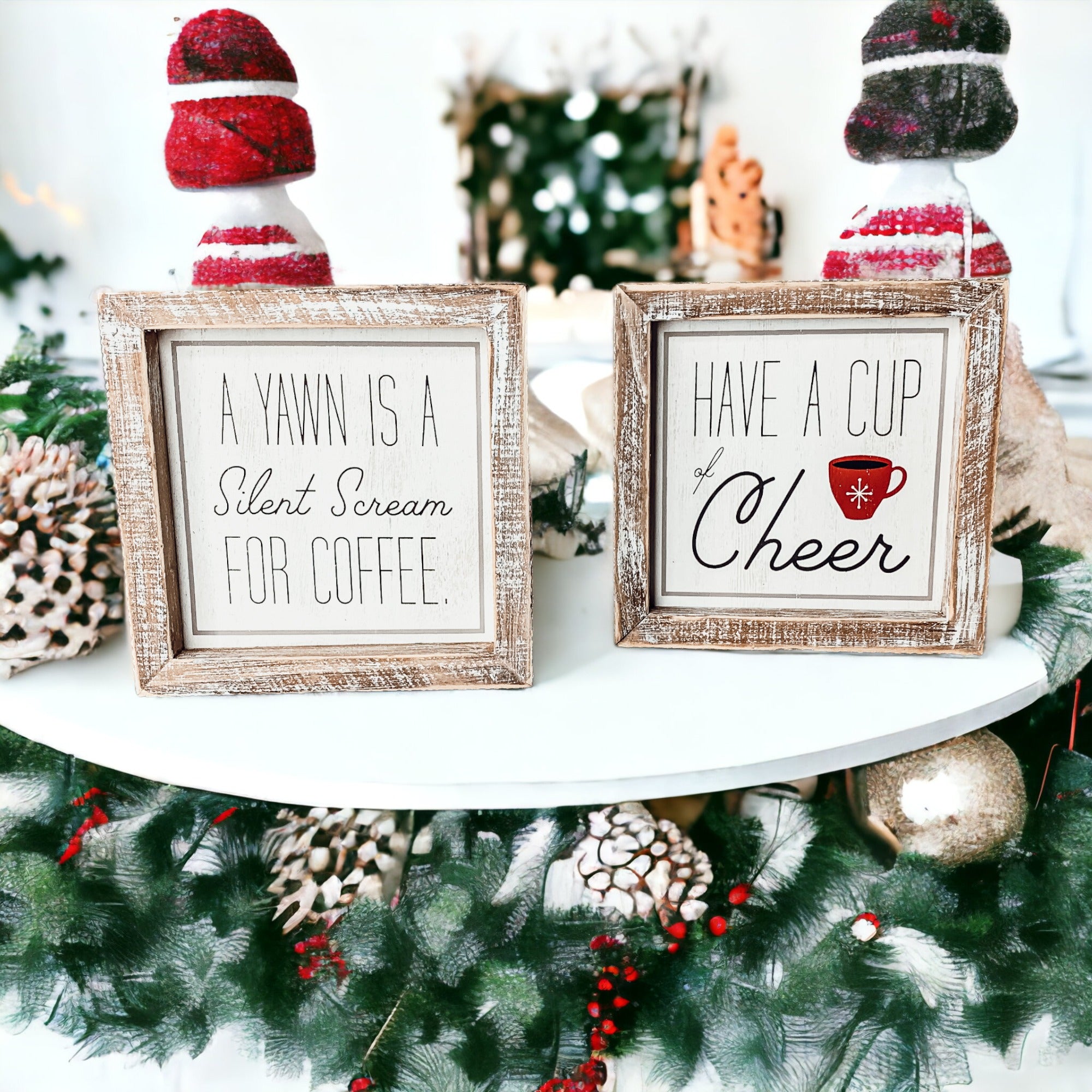 Cup of Cheer Sign featuring a red mug with a snowflake, double-sided with coffee-themed messages.