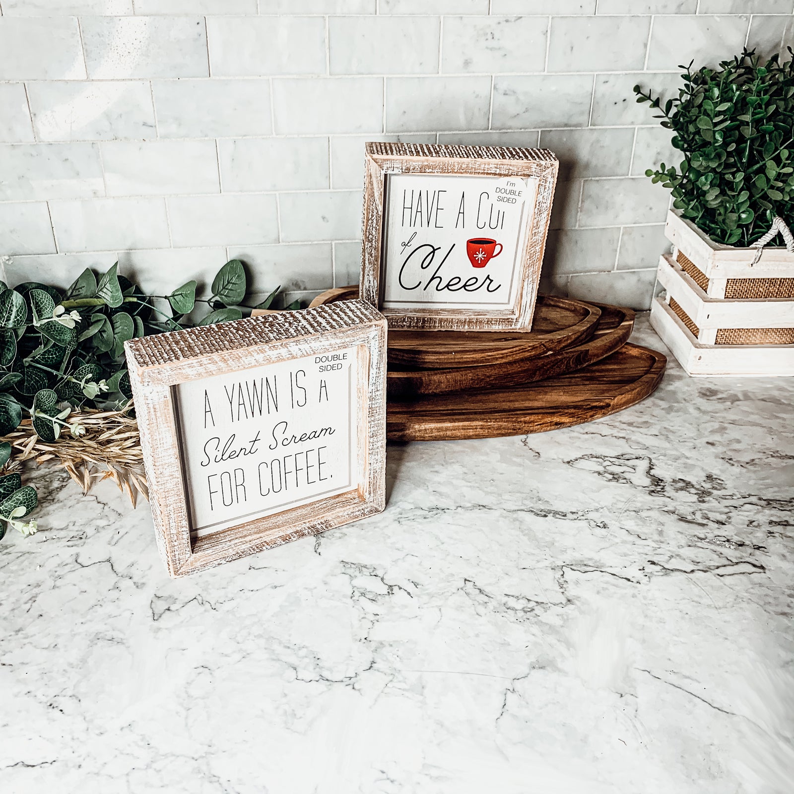 Cup of Cheer Sign featuring a red mug with a snowflake, double-sided with coffee-themed messages.