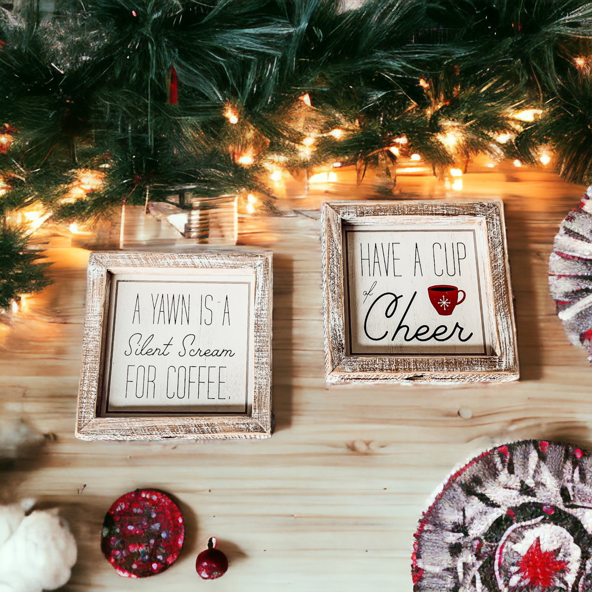 Cup of Cheer Sign featuring a red mug with a snowflake, double-sided with coffee-themed messages.