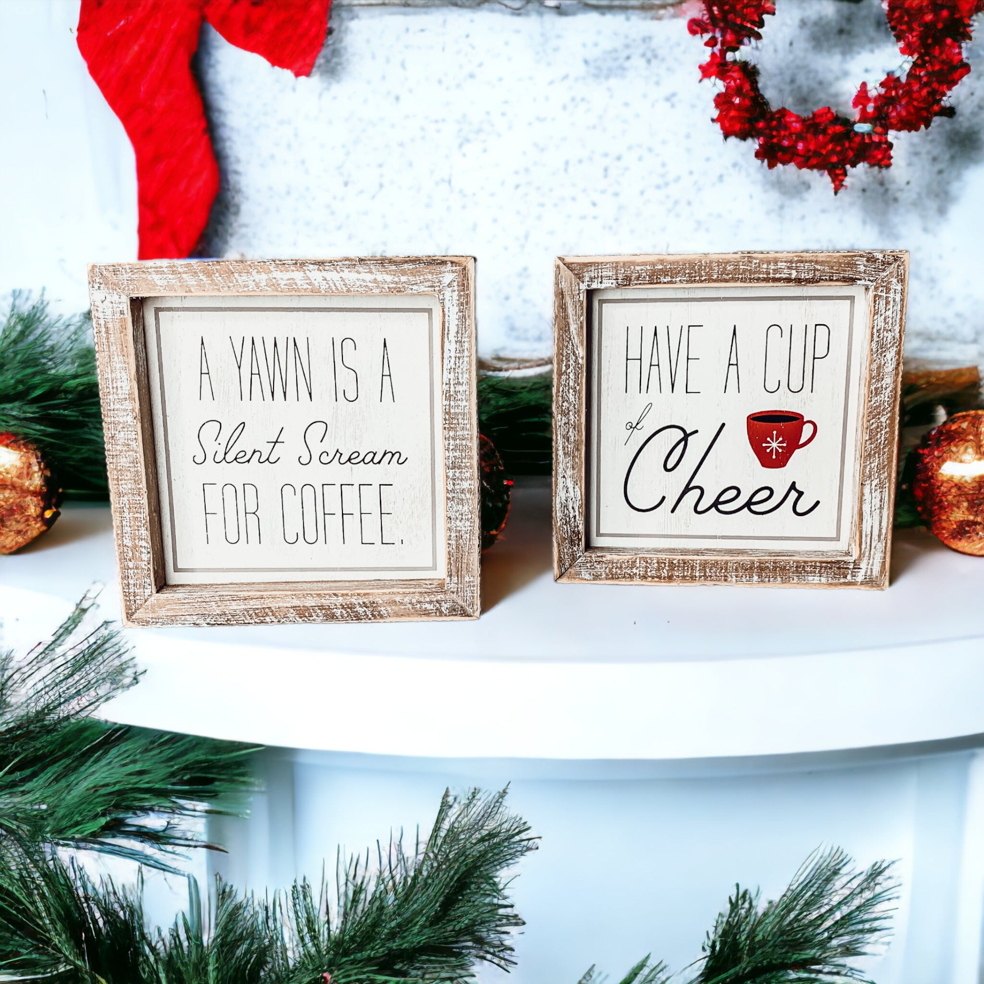 Cup of Cheer Sign featuring a red mug with a snowflake, double-sided with coffee-themed messages.