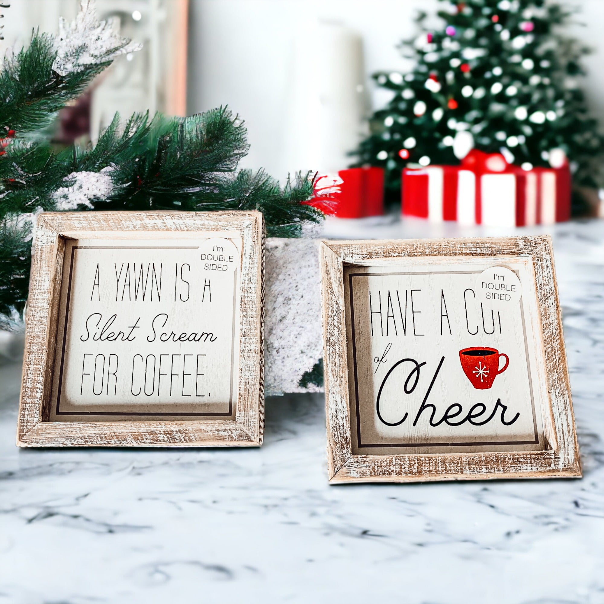 Cup of Cheer Sign featuring a red mug with a snowflake, double-sided with coffee-themed messages.