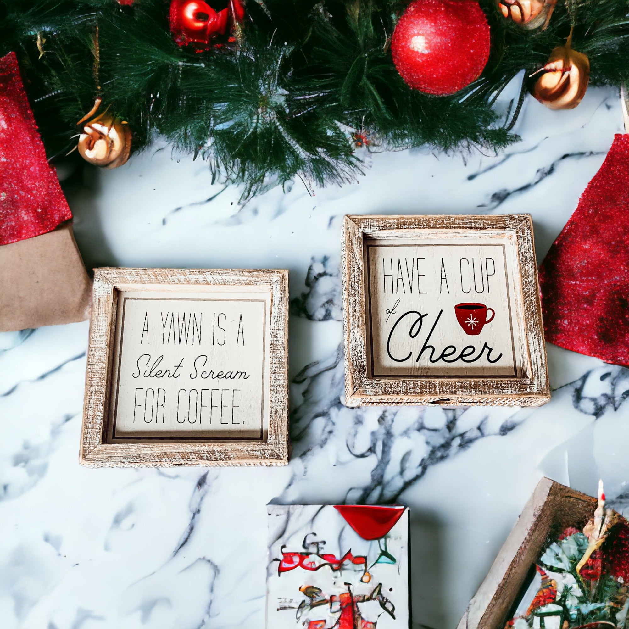 Cup of Cheer Sign featuring a red mug with a snowflake, double-sided with coffee-themed messages.