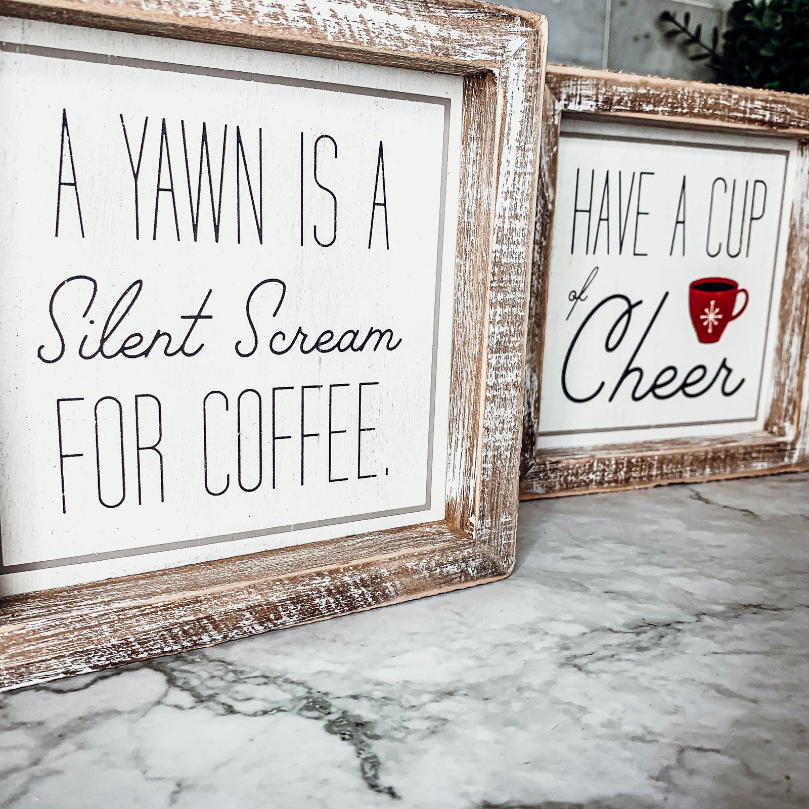 Cup of Cheer Sign featuring a red mug with a snowflake, double-sided with coffee-themed messages.