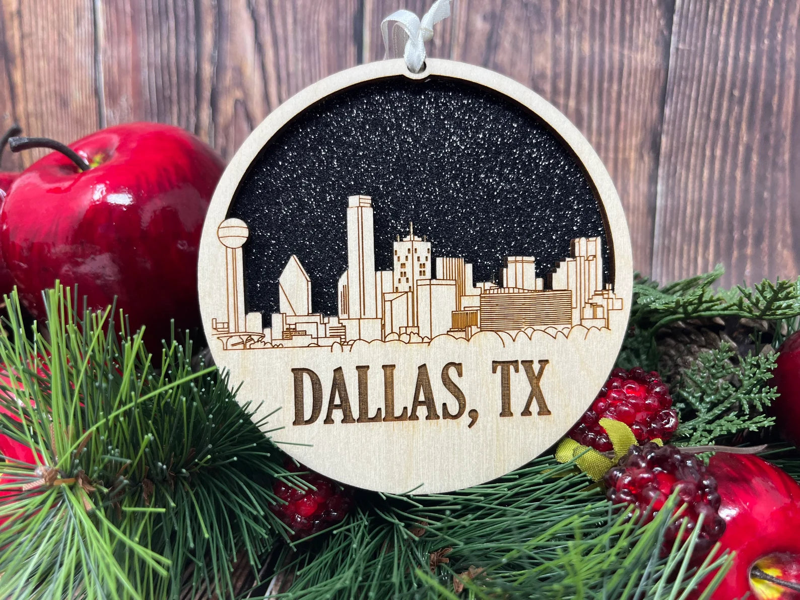 Dallas Skyline Ornament made from premium Baltic birch wood, showcasing intricate skyline details.