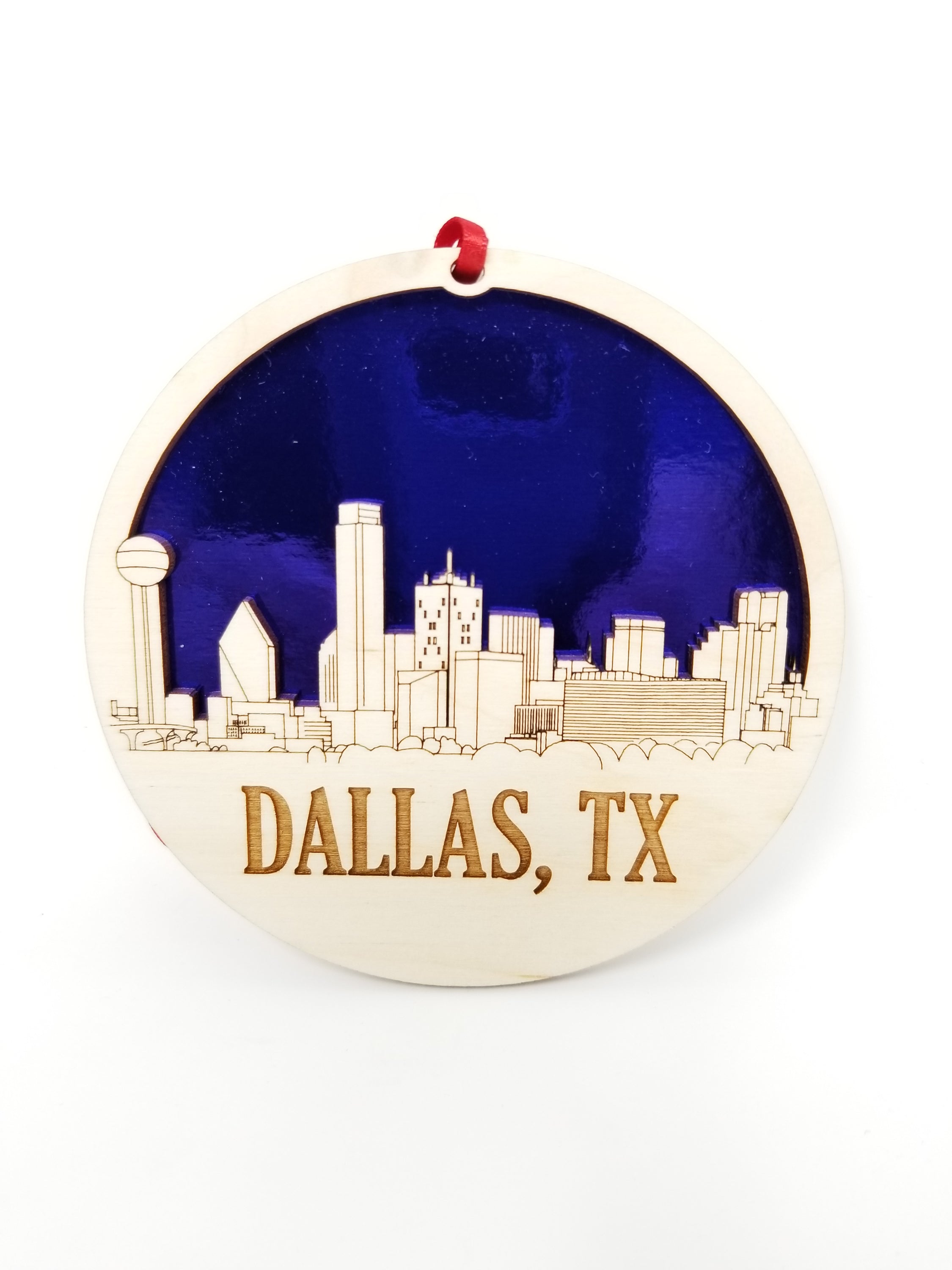 Dallas Skyline Ornament made from premium Baltic birch wood, showcasing intricate skyline details.