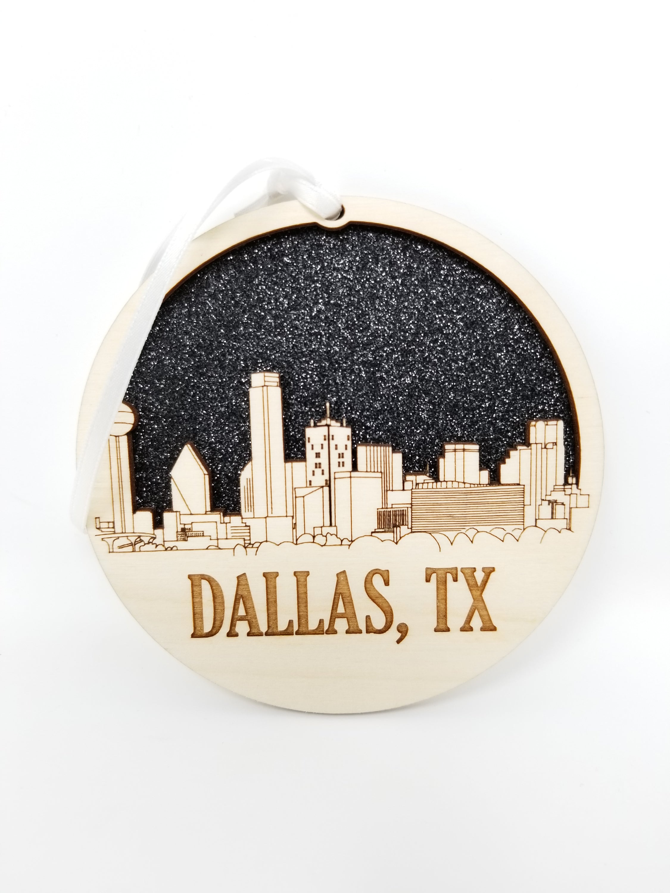 Dallas Skyline Ornament made from premium Baltic birch wood, showcasing intricate skyline details.