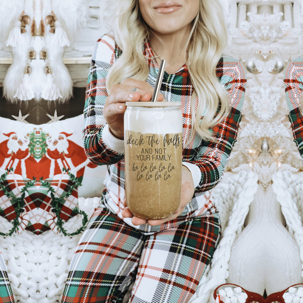 Deck the Halls Cup with bamboo lid and stainless steel straws, showcasing a modern design suitable for various beverages.