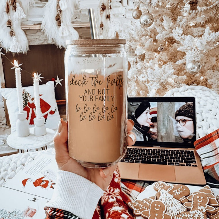 Deck the Halls Cup with bamboo lid and stainless steel straws, showcasing a modern design suitable for various beverages.