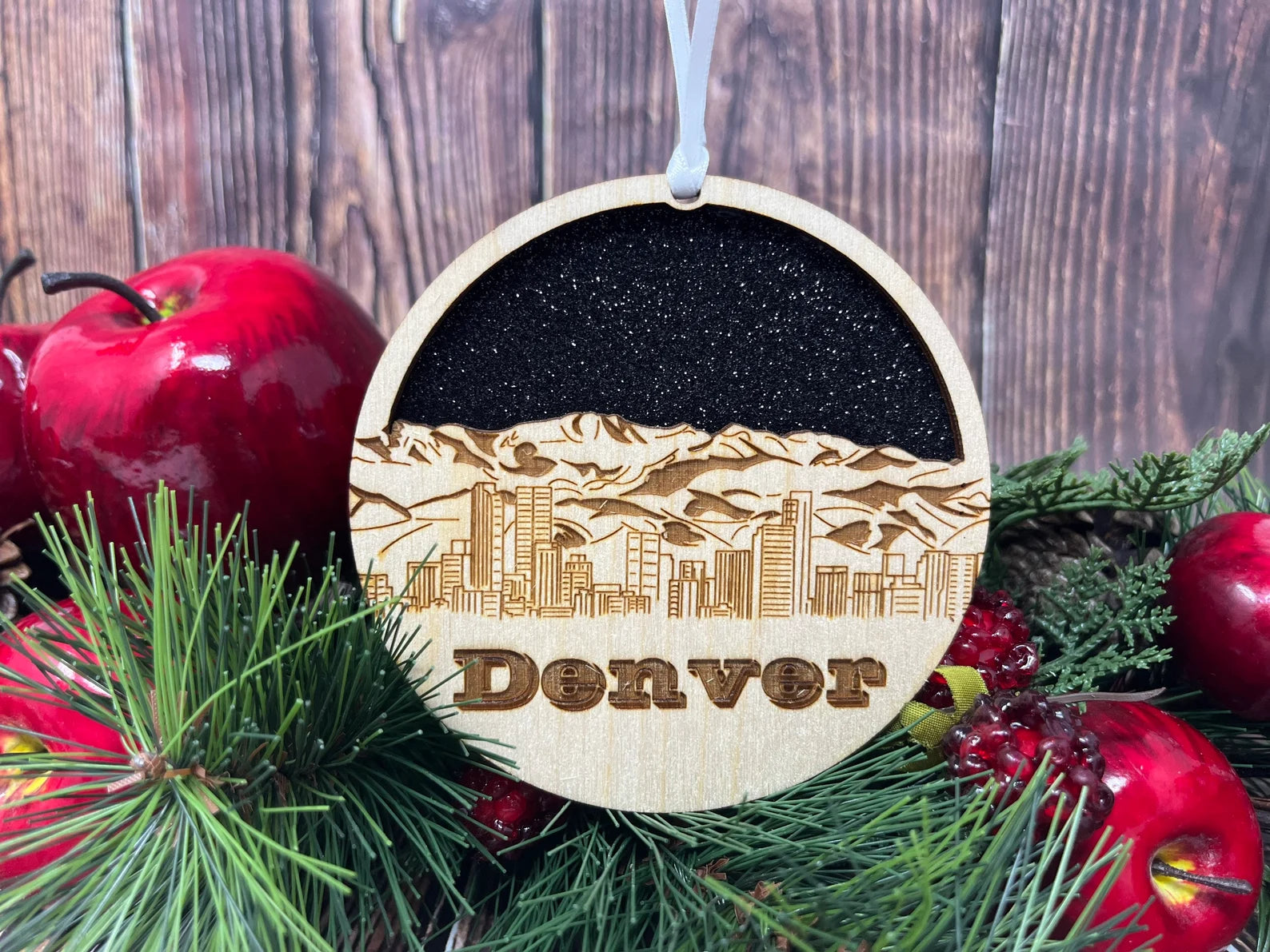 Denver Skyline Ornament made from premium Baltic birch wood, showcasing the iconic city skyline design.