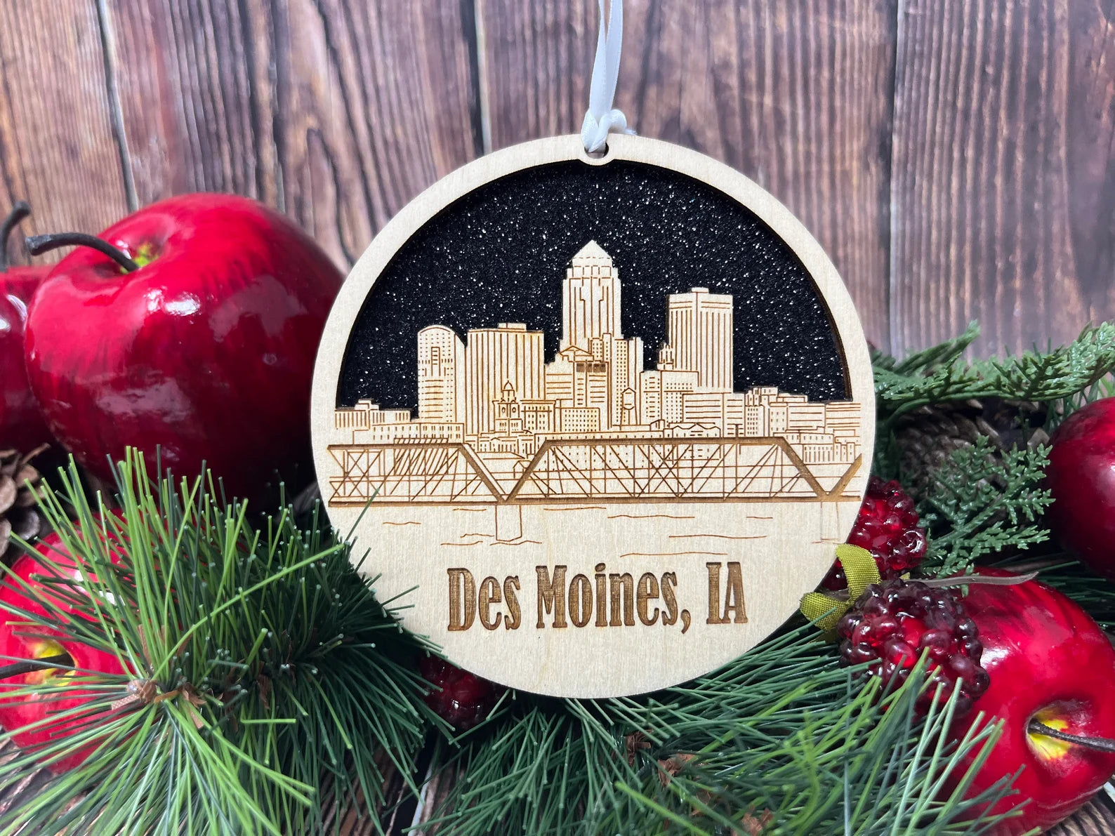 Des Moines Skyline Ornament made from premium Baltic birch wood, showcasing intricate skyline design.