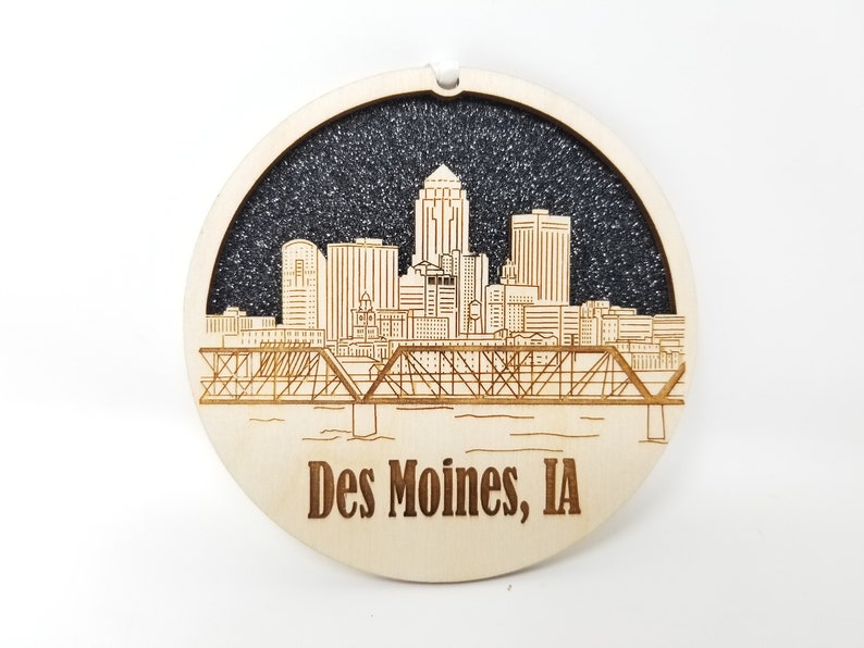 Des Moines Skyline Ornament made from premium Baltic birch wood, showcasing intricate skyline design.