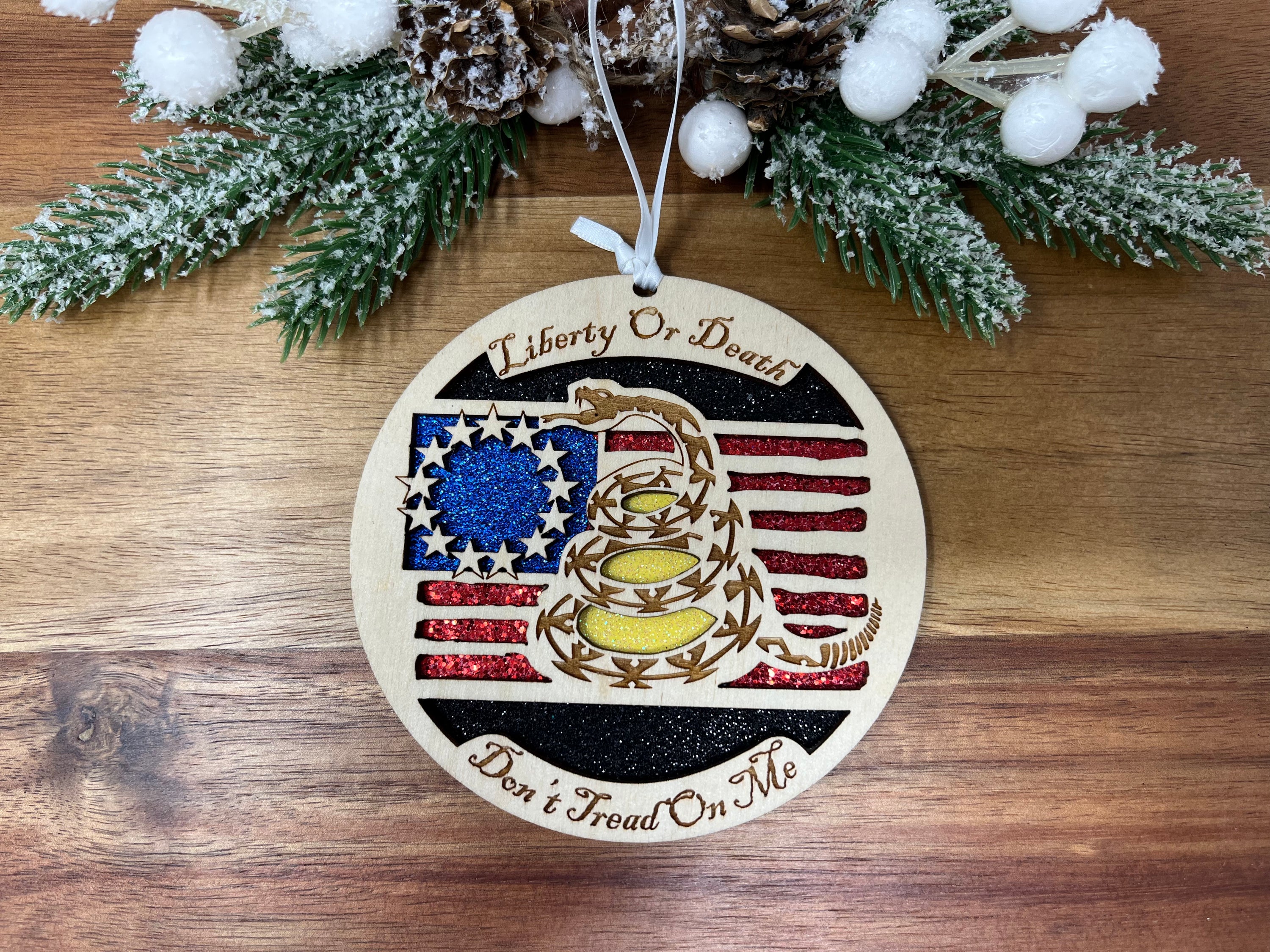 Don't Tread On Me laser cut wooden ornament made from premium Baltic Birch, featuring intricate design and packaged in a jewelry box.